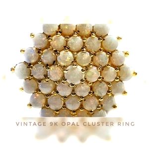 Vintage 9K Yellow Gold Tiered White Fire Opal Cluster Ring
